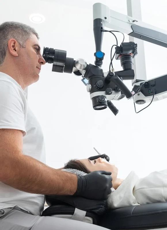 Dentysta używający mikroskopu stomatologicznego w gabinecie